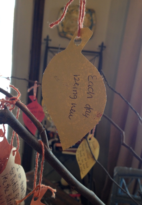 One of her "grace" leaves hanging on our Gratitude Tree.